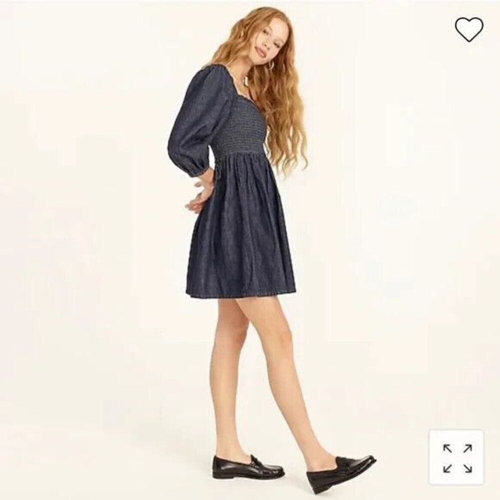J.Crew Size XXS Smocked Puff Sleeve Mini Dress in Chambray  Blue 100% Cotton NWT - Picture 2 of 14